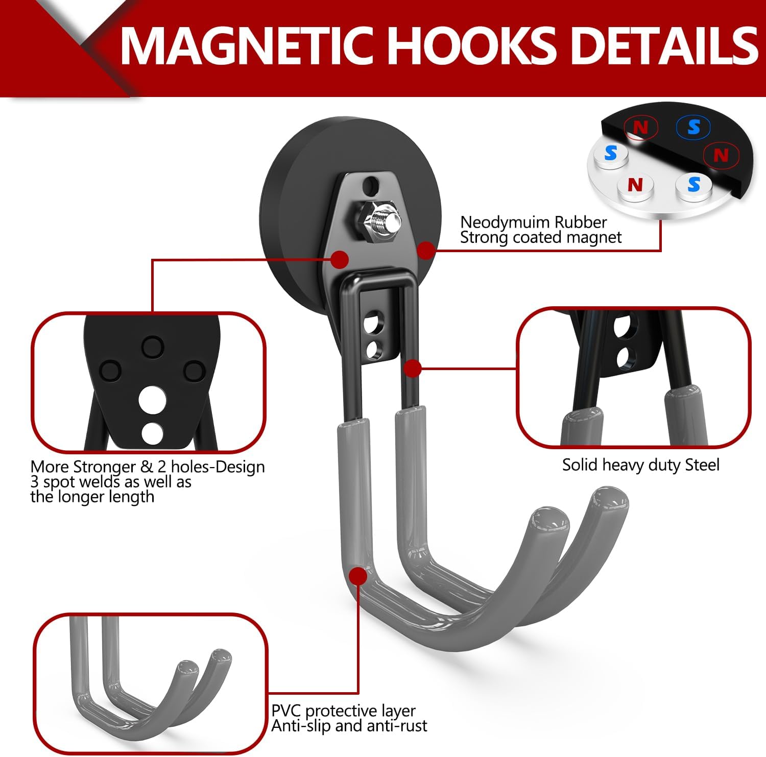 3-H Heavy Duty Magnet Garage Hooks 4 Pack, J Shape Strong Magnetic Hooks for Hanging Cordless Power Drill, Utility Magnetic Tool Holder for Metal Cabinet, Steel Pegboard, Toolbox, Garage(Grey)