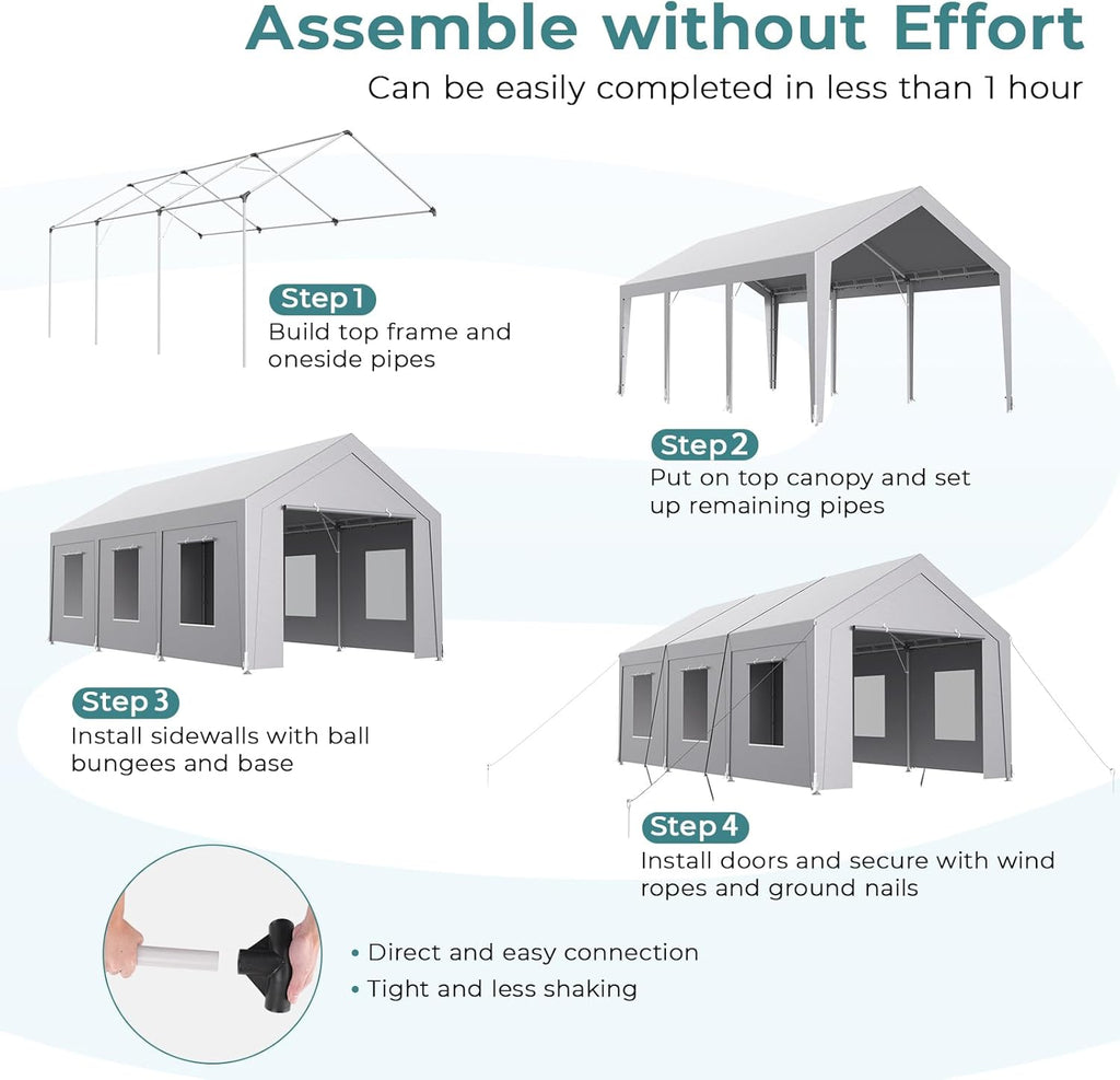 Carport 10x20 ft Heavy Duty, Car Port with Reinforced Steel Frame and 6 Roll-up Windows, Portable Garage with Sturdy Ground Nails, Waterproof All-Season Car Canopy for Boat, Truck, Grey