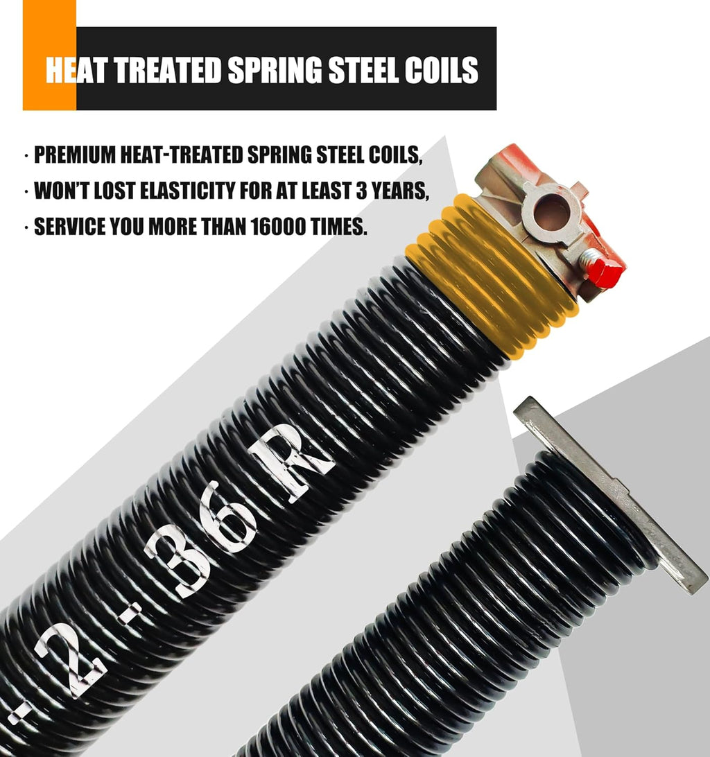 Garage Door Torsion Springs Set, Pair of 2" ID Electrophoresis Coated Garage Door Spring Replacement with 2 Non-Slip Winding Bars and Bearing, Minimum 18000 Cycles (.250x2x36)