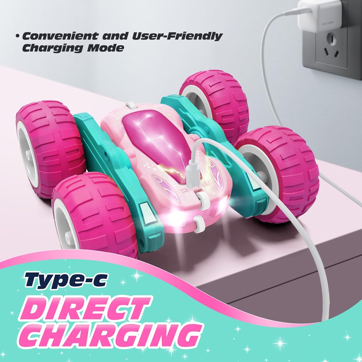 Tecnock Pink Remote Control Car for Girls and Boys, 2.4GHz RC Cars with USB-C Easy Charging, 4WD Double Sided 360° Rotates and Flips RC Stunt Car, Toys Gift for Kids