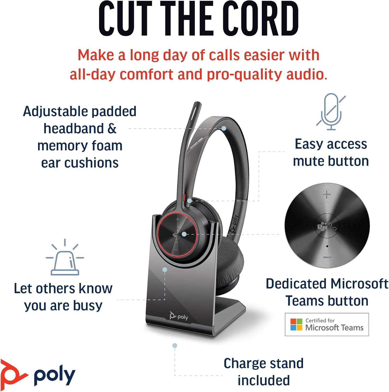 Poly Voyager 4320 UC Wireless Headset & Charge Stand (Plantronics) - Stereo Headphones w/Noise-Canceling Boom Mic - Connect PC/Mac/Mobile via Bluetooth-Works w/Teams (Certified), Zoom-Amazon Exclusive