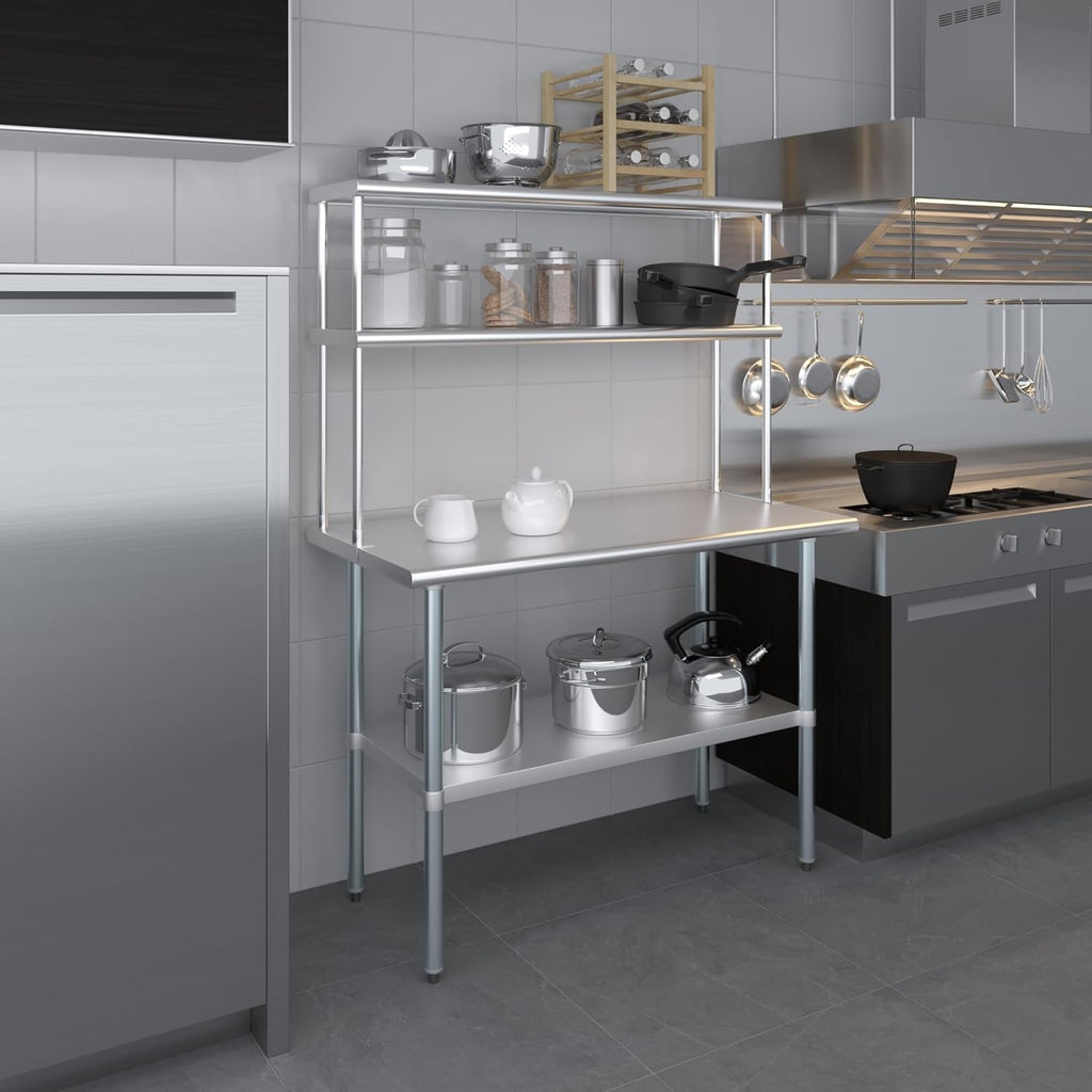 Amgood Stainless Steel Work Table Wide Double Tier Overshelf | NSF | Metal Kitchen Prep Table & Shelving Combo (24" x 48" Work Table + 12" Overshelf)
