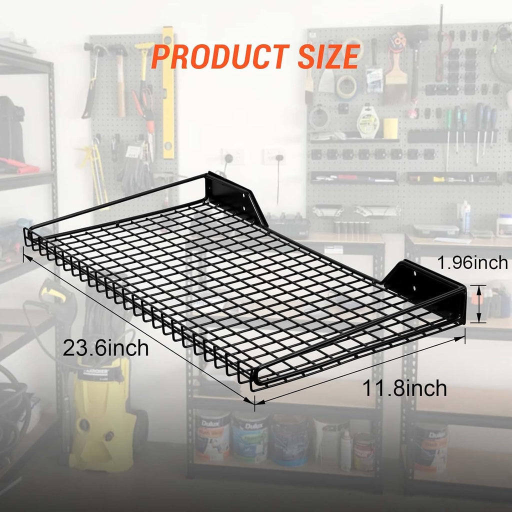 Wallmaster Heavy Duty Garage Wall Shelving 4 Pack 23.6"x11.8" Metal Wire Shelves Wall Mount Mesh Storage Rack for Garage, Office, Basement and Kithcen, max Load 65 lbs (Black)