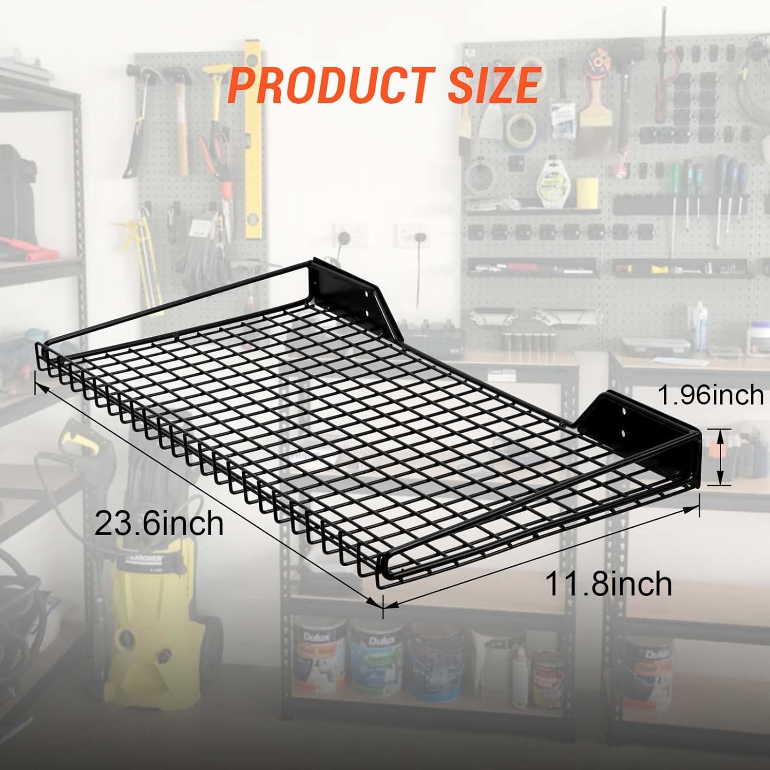 Wallmaster Heavy Duty Garage Wall Shelving 4 Pack 23.6"x11.8" Metal Wire Shelves Wall Mount Mesh Storage Rack for Garage, Office, Basement and Kithcen, max Load 65 lbs (Black)