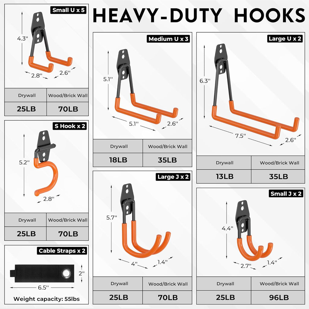 BONTEC Heavy Duty Garage Hooks, Anti-Slip Coated Black Steel with Strong Load Capacity, Multi-Sized U and J Hooks, Easy Wall Mount for Garage, Garden, Workshop (Orange, 18 Pack)
