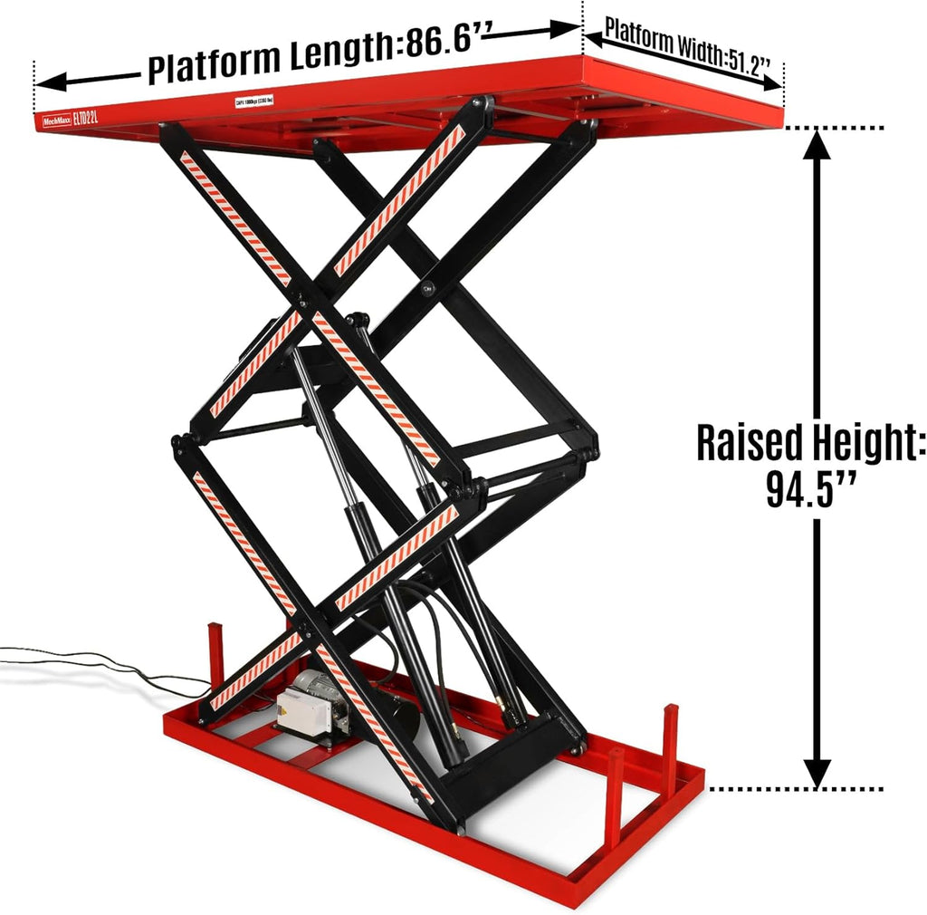 2200 lbs Capacity Stationary Powered Hydraulic Double Scissor Lift Table,86.6" x 51.2" Platform,94.5" Lift Height, UL Certified Moto,Model ELTD22L