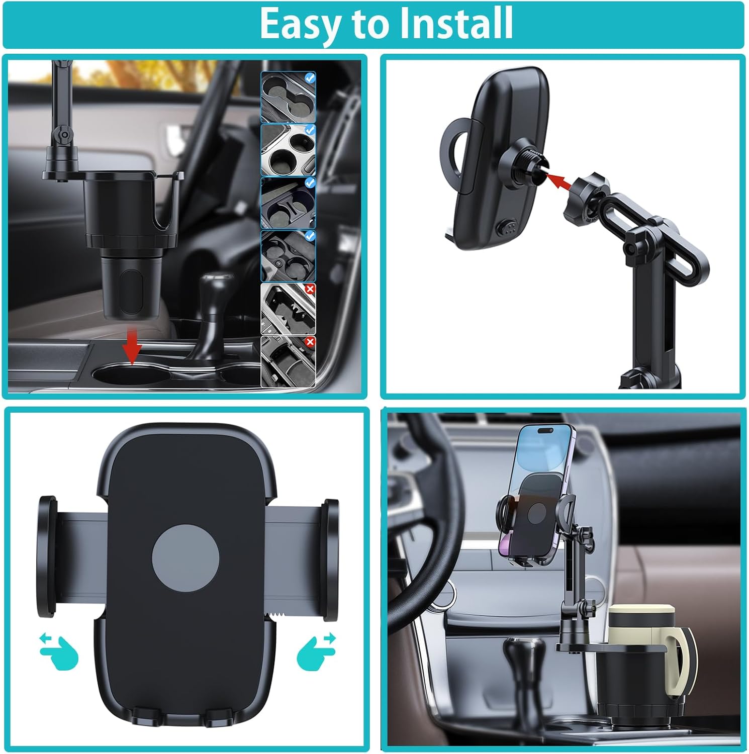 Cup Holder Phone Mount for Car, Upgraded 2 in 1 Car Cup Holder Expander Long Arm with 360° Rotation, Car Phone Holder Compatible with iPhone, Samsung & All Smartphones