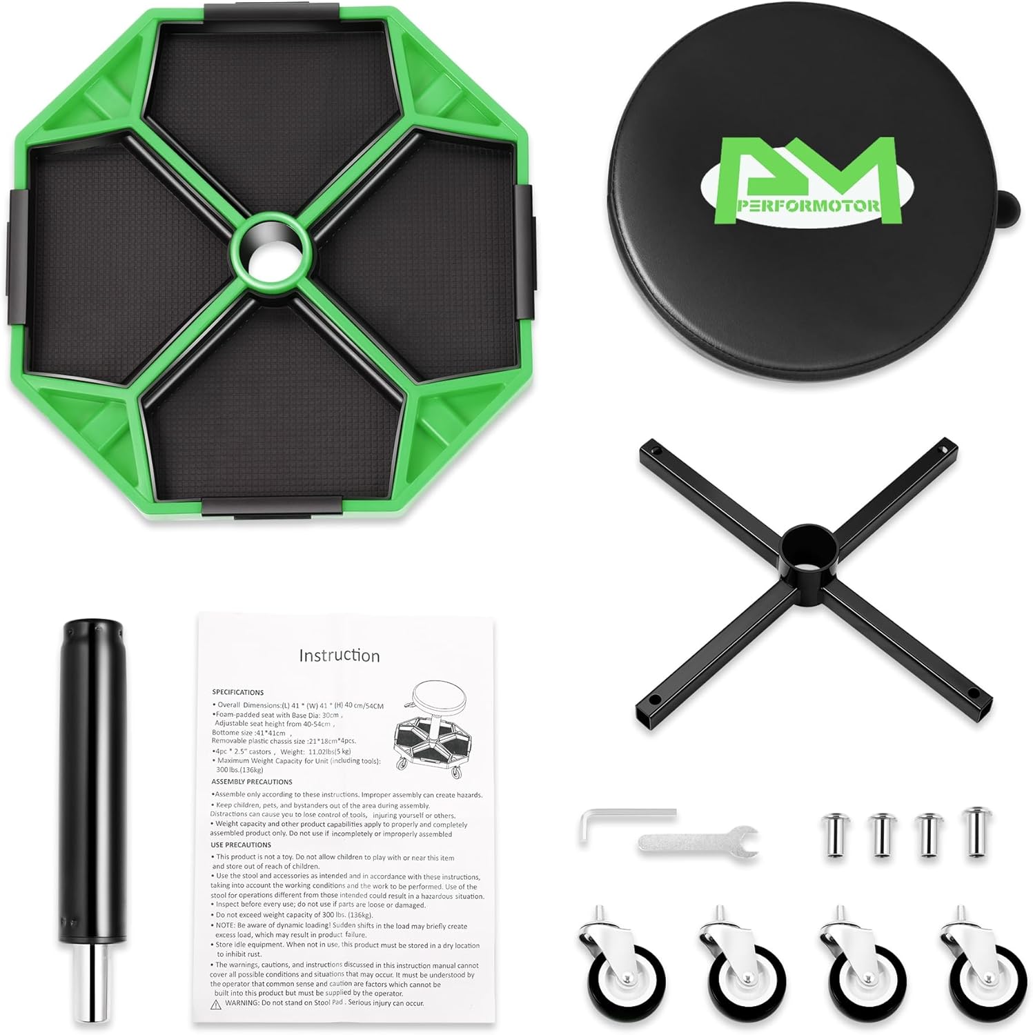 PM PERFORMOTOR Adjustable Height Pneumatic Garage Seat Rolling Mechanic Stool with Tool Tray Storage,300lbs Max Weight Capacity, Green,PM-TOL-ATS-GR