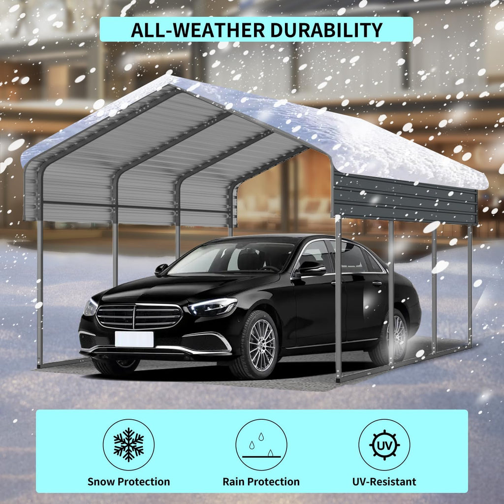 10x15 FT Metal Carport, Heavy Duty Car Port Canopy with Galvanized Steel Roof & Frame, Large Metal Carport Kit, Steel Car Shelter, Outdoor Car Garage for Car, Boat, Truck, Black