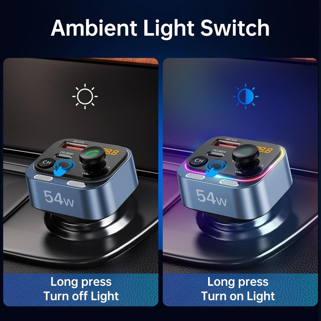 Syncwire Bluetooth 5.4 FM Transmitter Car Adapter 54W (PD 36W & 18W) [Fast Charging] [Stronger Dual Mics] [Light Switch] [HiFi Deep Bass] Wireless Radio Receiver Hands-Free Calling LED Display, Blue