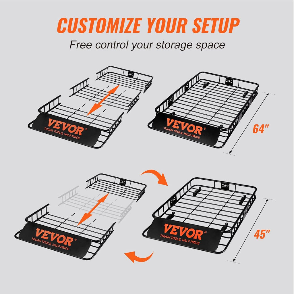 VEVOR Roof Rack Cargo Basket, 64" x 39" x 6" Rooftop Cargo Carrier with Extension, Heavy-Duty Steel 200 LBS Capacity Universal Roof Rack Basket, Luggage Holder for SUV, Truck