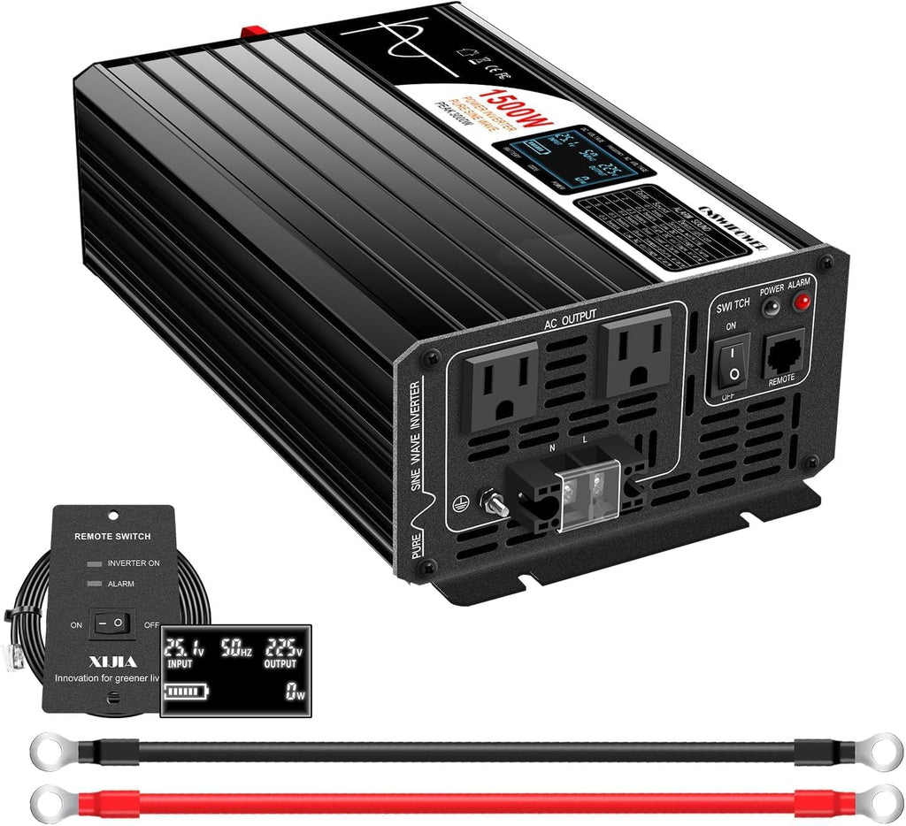 Xijia 1500W(Peak Power 3000W) Pure Sine Wave Solar Power DC 24V Inverter AC 120V 60HZ Solar Converter for Home Use car (DC24V (Range 20V-30V) 1500W)