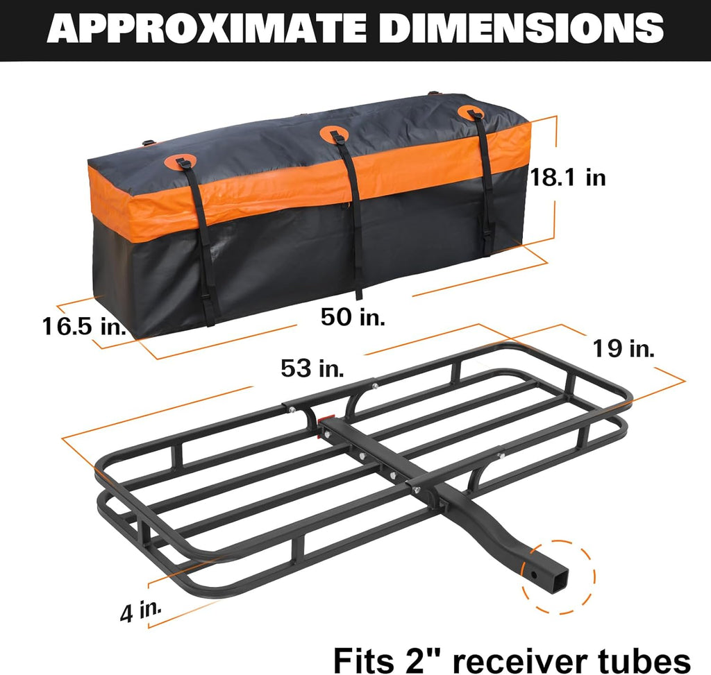 WEIZE Folding Hitch Mount Cargo Carrier Basket 53" X 19" + Waterproof Cargo Bag, Hauling Weight Capacity of 500 Lbs fit on 2 Inch Receiver, with Hitch Stabilizer, Net and Straps