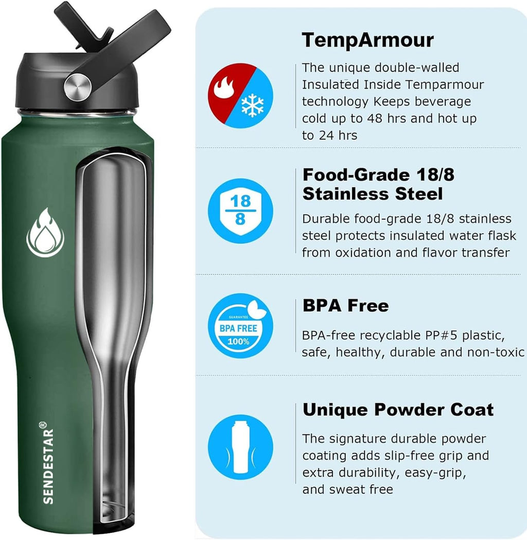 SENDESTAR 32oz Water Bottle Wide Mouth Stainless Steel Vacuum Insulated Double Wall with 2 Straw Lids Fit in Any Car Cup Holder TXIN-32-Dark Green