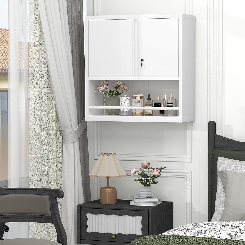 GREATMEET 31" H Locking Metal Garage Storage Cabinet with Doors and Shelves, Lockable Wall Cabinet Storage, White Steel Wall Mount Cabinet Hanging Floating for Office Utility Room