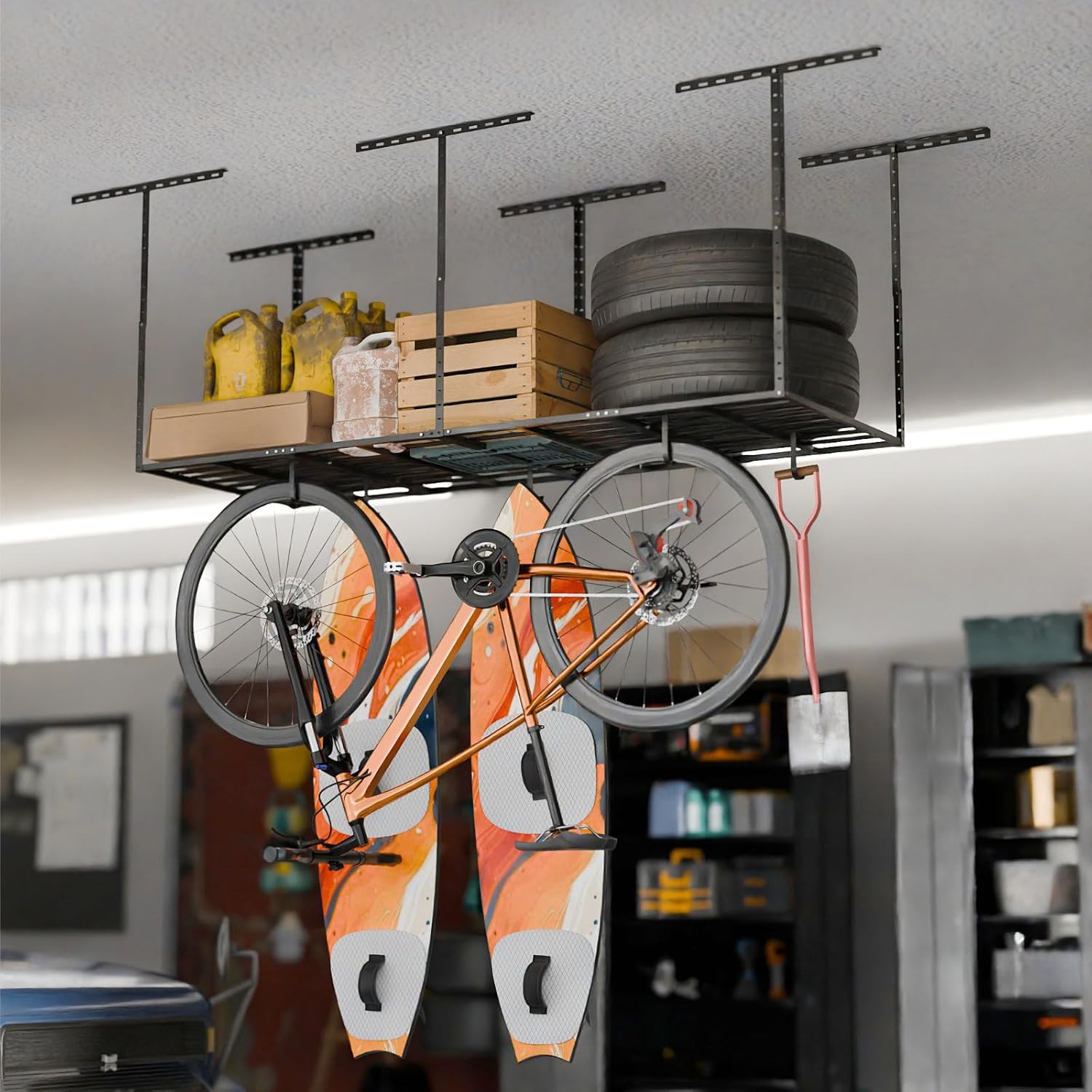 SunsGrove Heavy-Duty 4-Pack Overhead Garage Ceiling Storage Hooks, Add-On Storage Flat Hook Accessory for Hanging Bikes and More, Supports Up to 53lbs