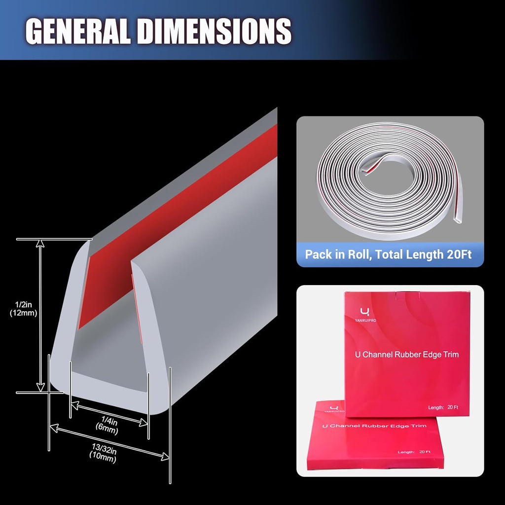 Rubber Edge Trim, Flexible Edge Trim for Sharp Edge, 1/4" U Channel Edge Protector, Self Adhesive Edge Guards for Plywood, Glass, Flexiglass and Sheet Metal Parts, 20Ft, Grey Color