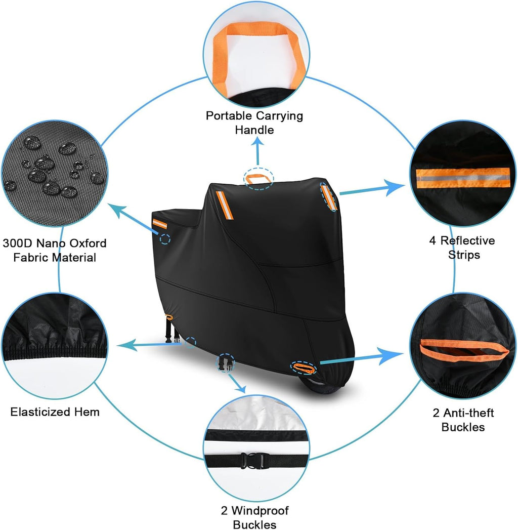 Motorbike Cover for Outside Storage, Waterproof Motorcycle Scooter Moped Cover Outdoor with 4 Reflective Strips and 2 Windproof Buckles, 2 Lock-Holes for Cruisers Sportbikes (2XL: 94 x 35 x 49 inch)