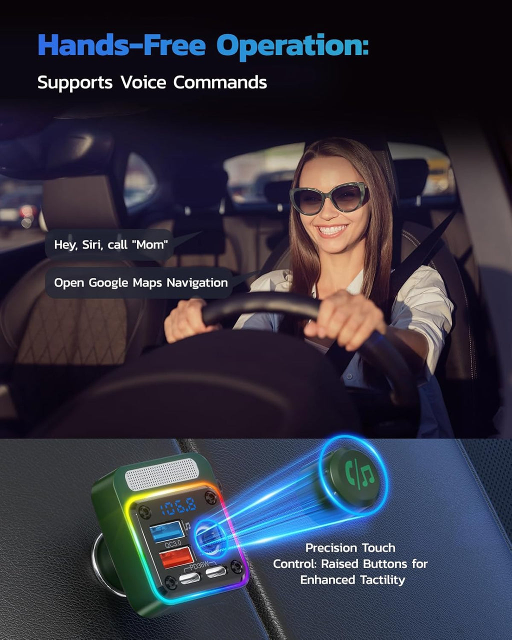 Nulaxy 54W Bluetooth 5.3 Car Adapter with 4 Charging Ports [PD 36W & QC3.0 18W], Wireless Radio FM Transmitter with Deep Bass Player & 5 Colors LED Backlit, Hands-Free Calling - Green