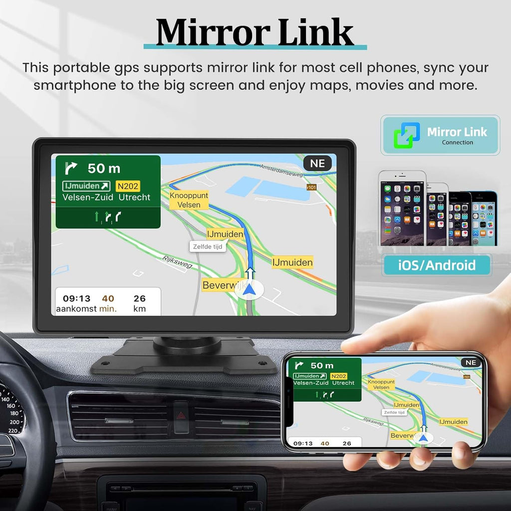 7 Inch Protable Apple Carplay Car Screen, Wireless Android Auto Dash Mount, Car GPS Navigation System with Mirror Link/Bluetooth/FM Transmitter/USB + 12LED Backup Camera