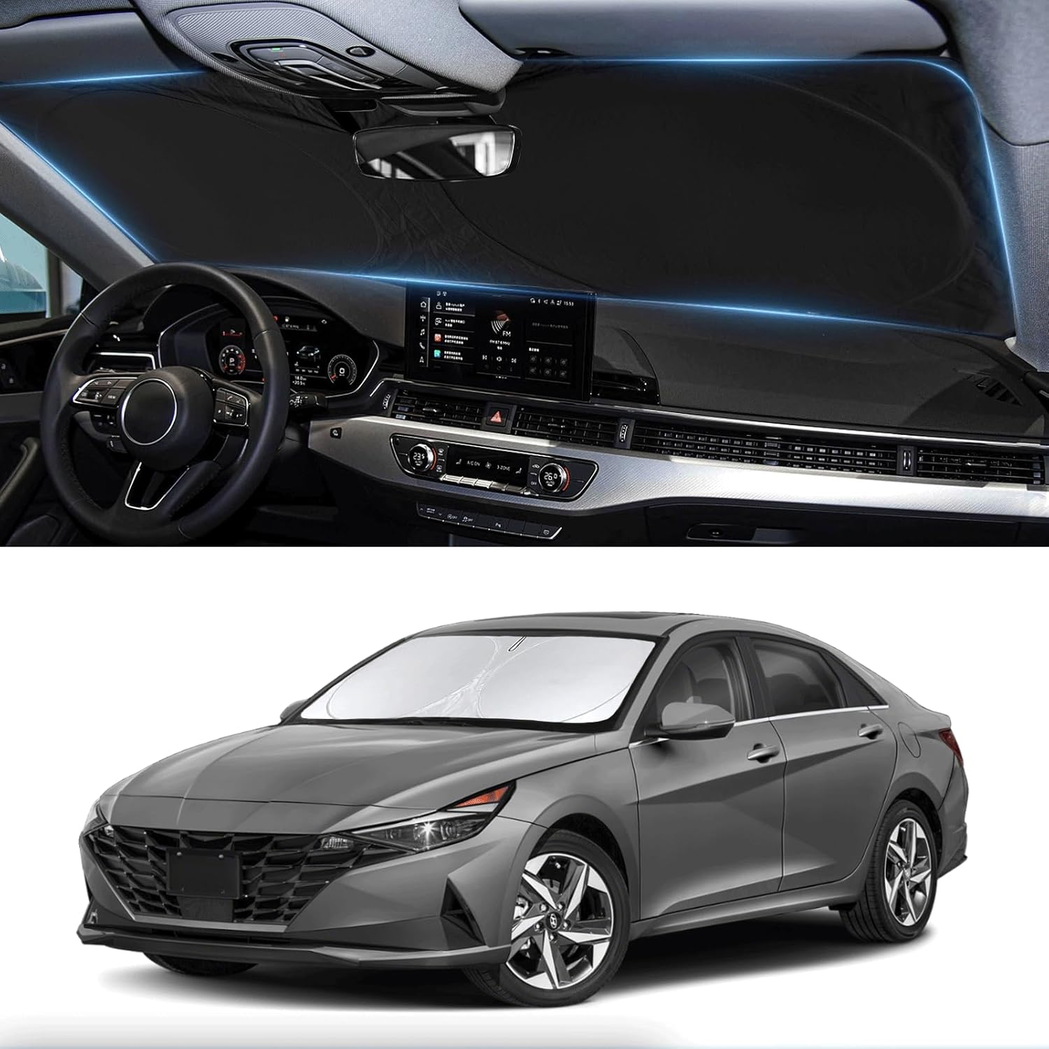 Custom Fit Sunshade for Elantra Windshield Sun Shade for 2021-2024 2025 2026 Hyundai Elantra Accessories Heat Insulation and Cooling Front Window Cover for Windshield for Elantra Interior Protection