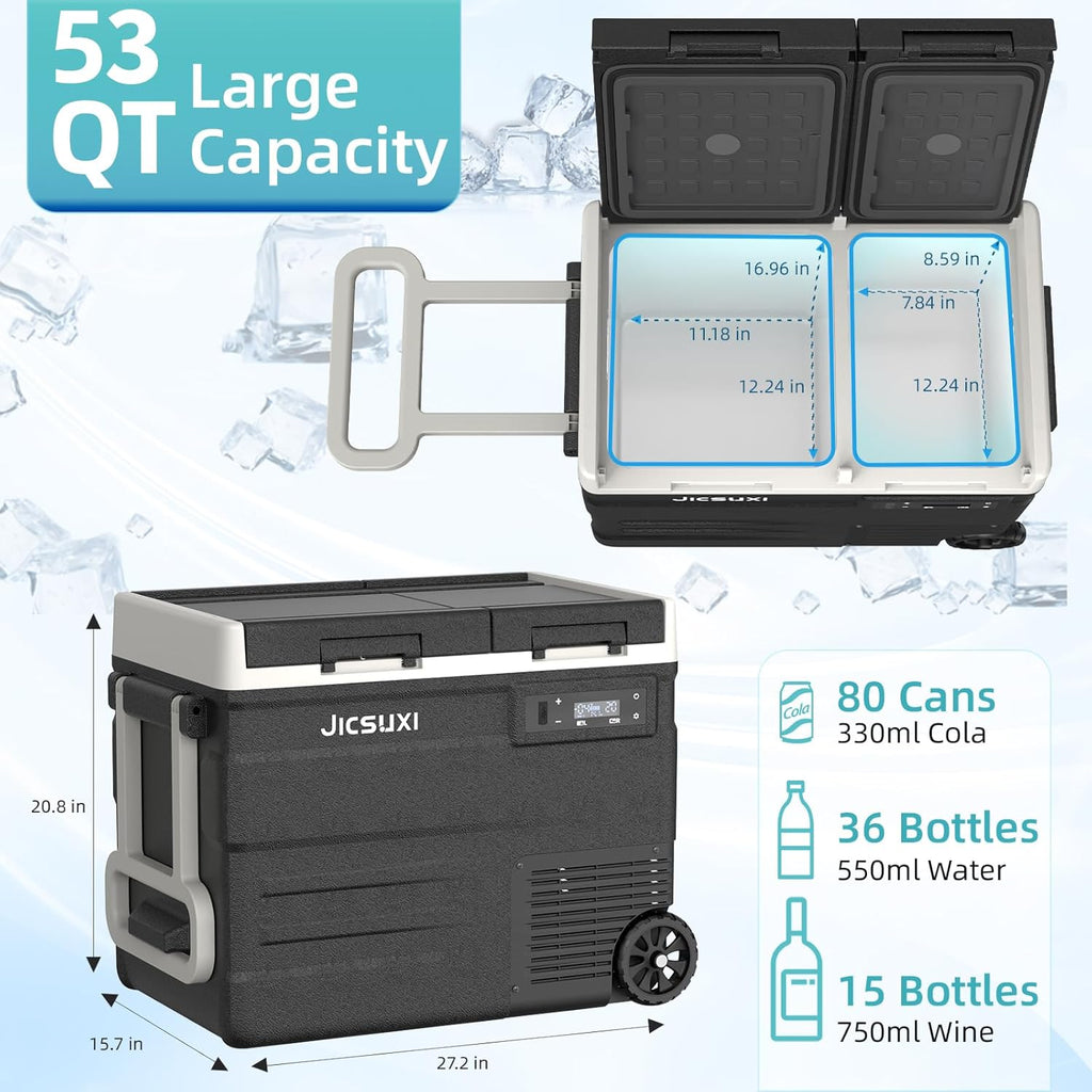 12 Car Refrigerator, 53Quart Dual Zone 12V Car Fridge Portable Freezer(-4F~68F), Compressor Electric Cooler with 12/24V DC 110-240V AC, APP Control, for Camping, Travel, RV, Truck (53Quart)