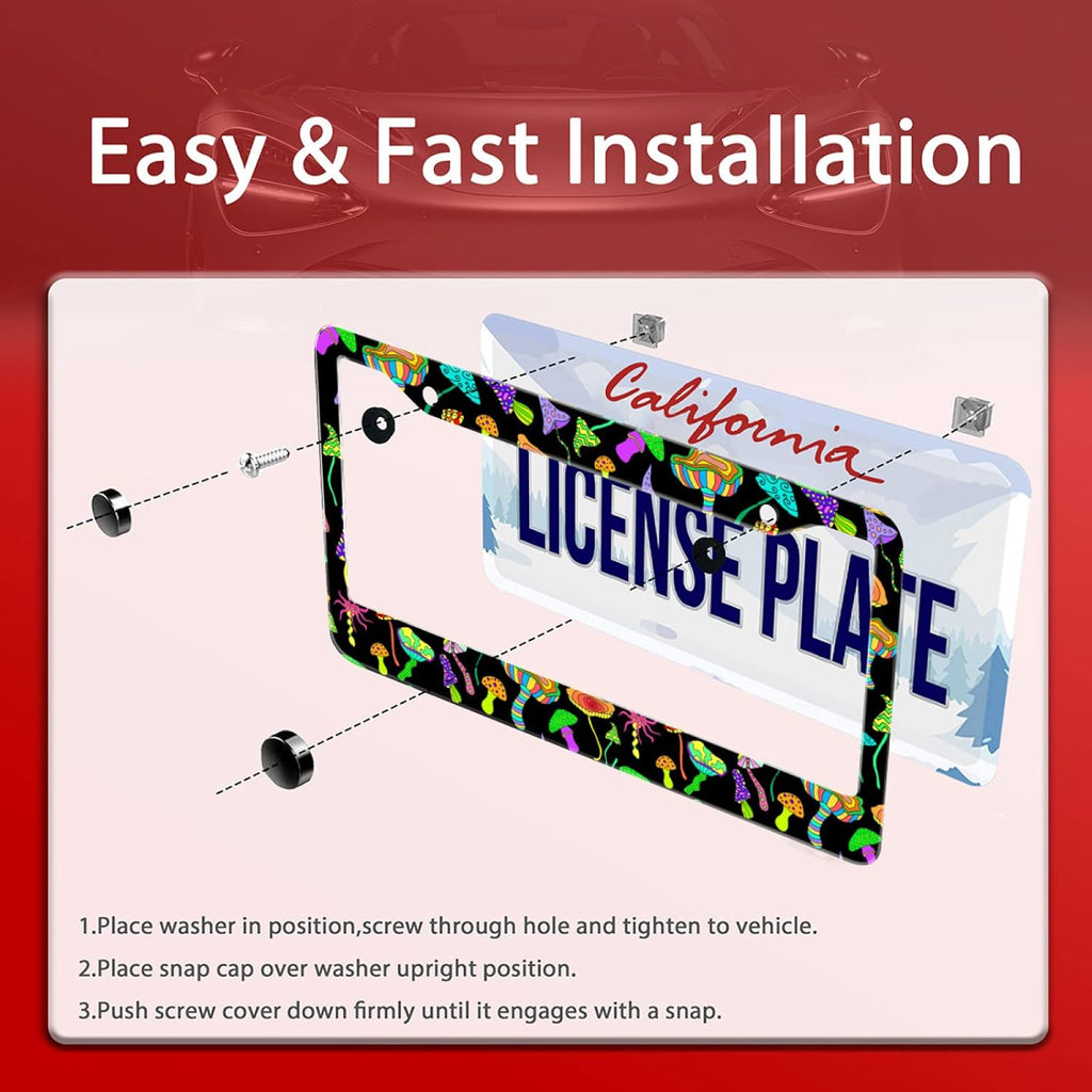 Personalise Colorful Mushrooms License Plate Frames Funny License Plate Frame Car Universal Stainless Steel Accessories Cars Decor with 2 Holes and Screws Fits Standard US Vehicles Size 12.2 x 6 Inch
