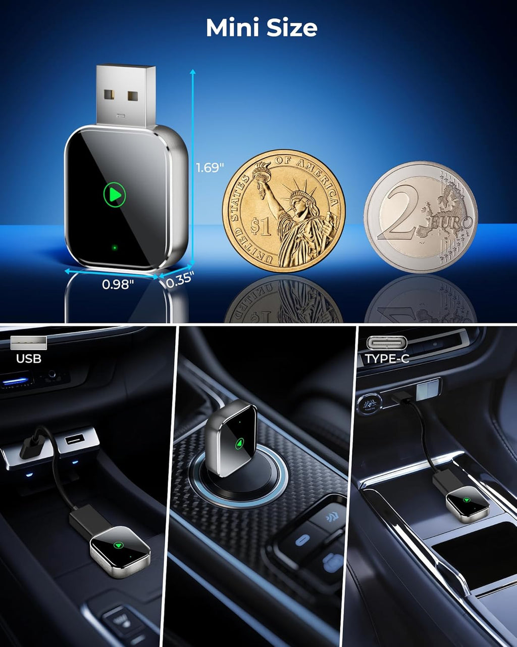 Mini CarPlay Wireless Adapter for Apple iPhone - Converts Wired to Wireless CarPlay Adapter, CarPlay Dongle Stick for Apple Wired CarPlay Cars & for iPhone iOS 10+, USB & Type-C, Plug & Play