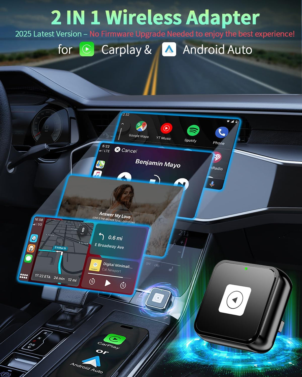 Wireless CarPlay & Android Auto Adapter 1-Inch (2.54cm) - Discreet Plug & Play, Stable 5G Connection for Music/Navigation, Works with iPhone iOS 10+ & Android 11+,for 98% of Cars (2016-2025) (Black)