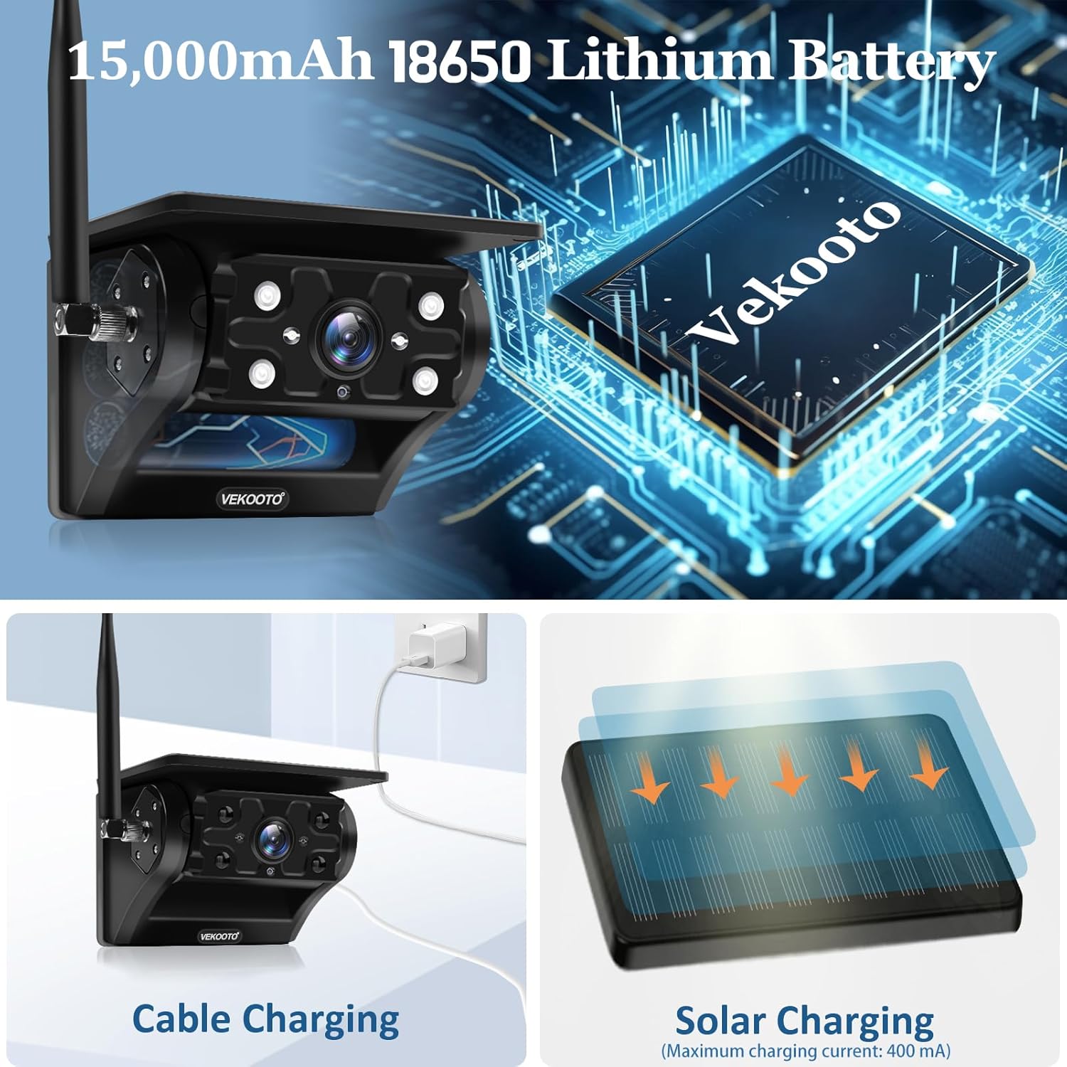 VEKOOTO Magnetic Solar Wireless Backup Camera VK7, 7'' IPS Touchscreen Monitor HD1080P No Wiring 15,000mAh Rechargeable Camera System for Hitching Gooseneck Horse Trailer RV Camper Car Truck