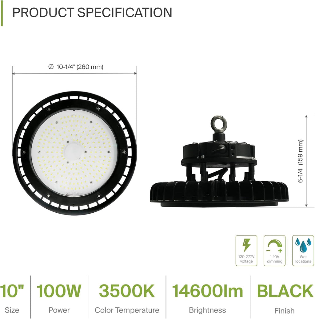 ASD LED High Bay UFO Light Fixture, Commercial Shop Lighting | Dimmable, IP69K Waterproof, DLC Premium, UL Listed | 100W 14600LM 3500K 100-277V | Warehouse, Garage, Workshop, Barn Lamp | Black, 6 Pack