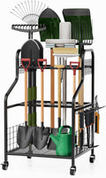 FZK Garden Tool Organizer,Heavy Duty Steel Yard Tool Organizer for Garage,Up to 49 Long-Handled Tools, Garden Tool Storage with Wheels,Garden Tool Organizer for Garage,Black