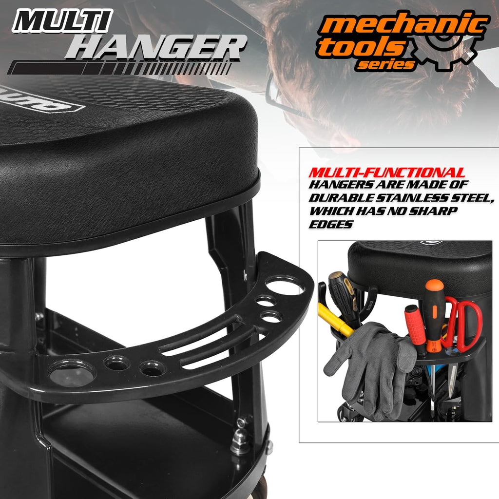 M-AUTO Heavy Duty Garage Rolling Work Seat 300LBS Capacity Mechanics Stool with Wheels, Rolling Work Seat with Equipment Tray and Tool Rack, Rectangle Seat Mechanic Roll Chair, Black
