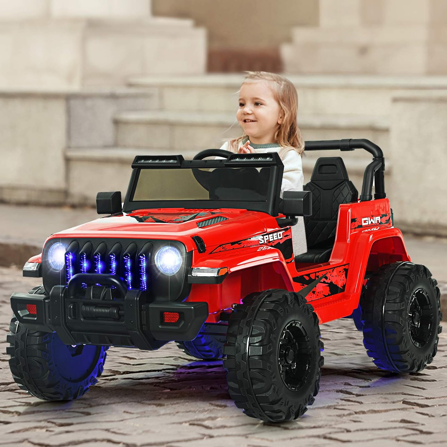 INFANS Kids Ride on Car Truck with 2.4G Remote Control, 12V Battery Powered Electric Cars for Kids w/3 Speeds, Battery Display, LED Lights, Safety Belt, Music & Horn, Bluetooth/FM/USB (Red)