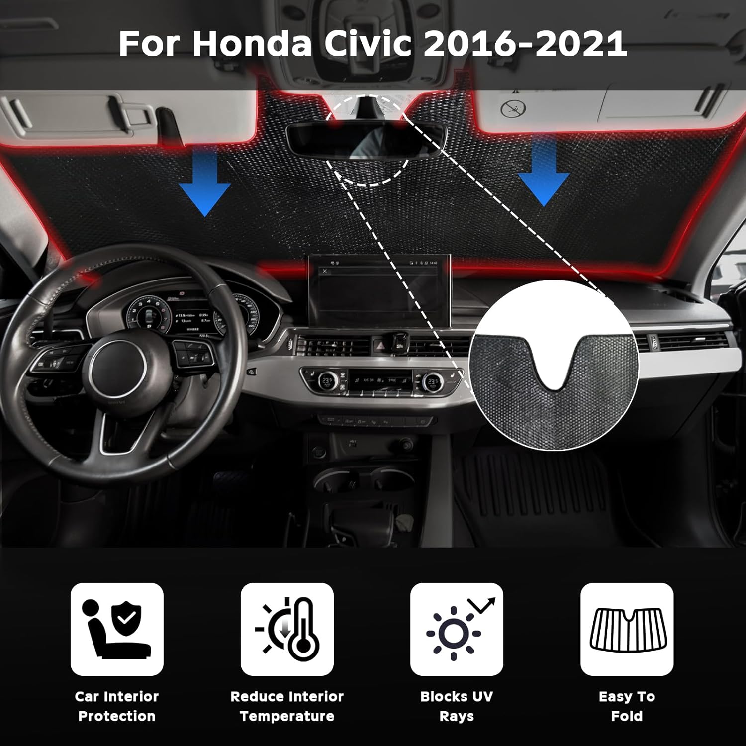 Windshield Sun Shade for Honda Civic 2016-2021 - 5-Layer Bubble Foldable Front Window Shade Sun Visor Accessories - Blocks Heat & UV Rays
