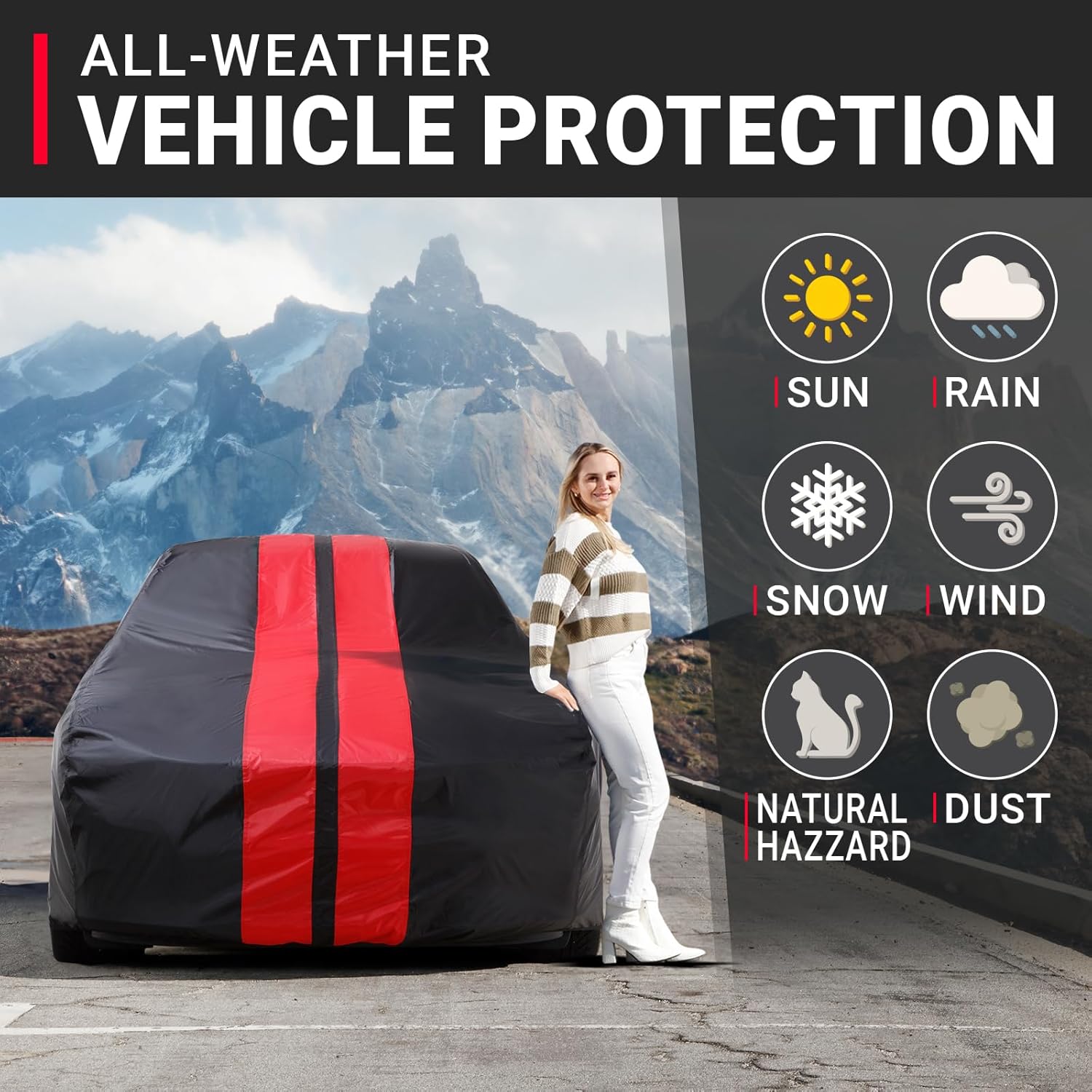 iCarCover Custom Car Cover for Chevy Malibu Wagon (1964-1972) Waterproof All Weather Rain Snow UV Sun Protector Full Exterior Indoor Outdoor Car Cover (Stripe - Black/Red)