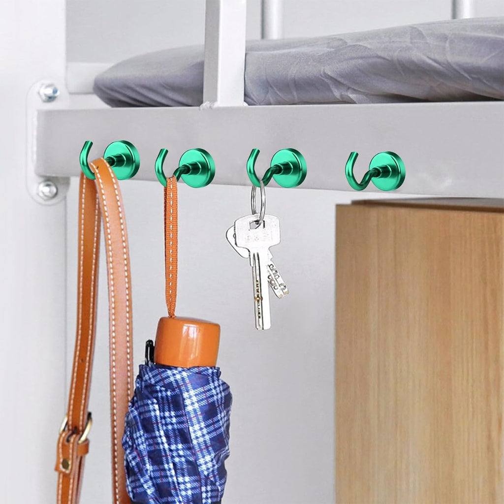 MIKEDE Magnetic Hooks, 40Lbs+ Heavy Duty Magnet Hooks for Cruise Cabins, Super Neodymium Hanging Hooks Strong Magnets with Hook for Fridge, Magnetic Hanger for Grill, Toolbox, Storage(Green, 4 Pack)
