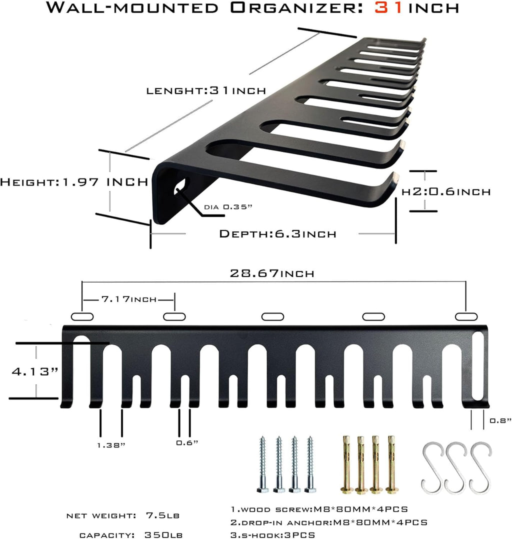 22‘’/25‘’/31‘’Black Wall-Mounted Tool Storage Rack, Suitable for Outdoor Garden, Space-Saving, Strong Storage Capacity.Barbell Wall Rack.Weight Capacity: 300 LB.-350LB