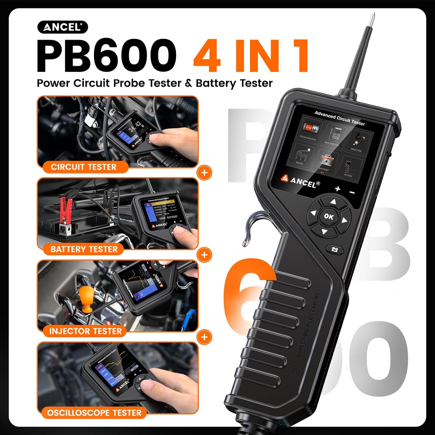ANCEL PB600 Power Circuit Probe Tester with Battery, Relay, Injector Test, 8-35V Automotive Electrical Circuit Tester, Multimeter/Oscilloscope/Ohmmeters Power Circuit Probe Kit, 30FT Cable