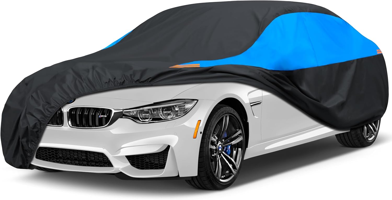 MORNYRAY Waterproof Car Cover All Weather Snowproof UV Protection Windproof Outdoor Full car Cover, Universal Fit for Sedan (Blue, A1-Fit Sedan Length(154-163 inch)
