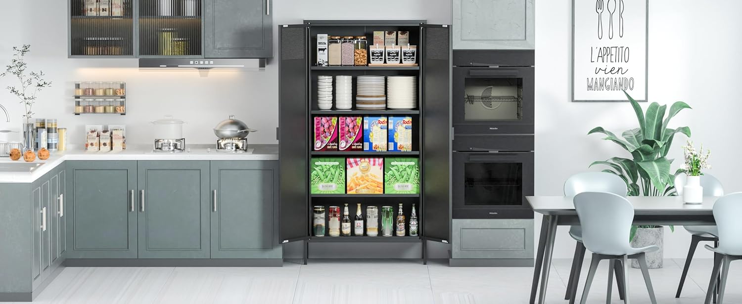 Metal Storage Cabinets with 4 Adjustable Shelves，Black Metal File Cabinet, 71'' Steel Storage for Home & Office, School,Kitchen Pantry,Tool Cabinet，Garage, Black