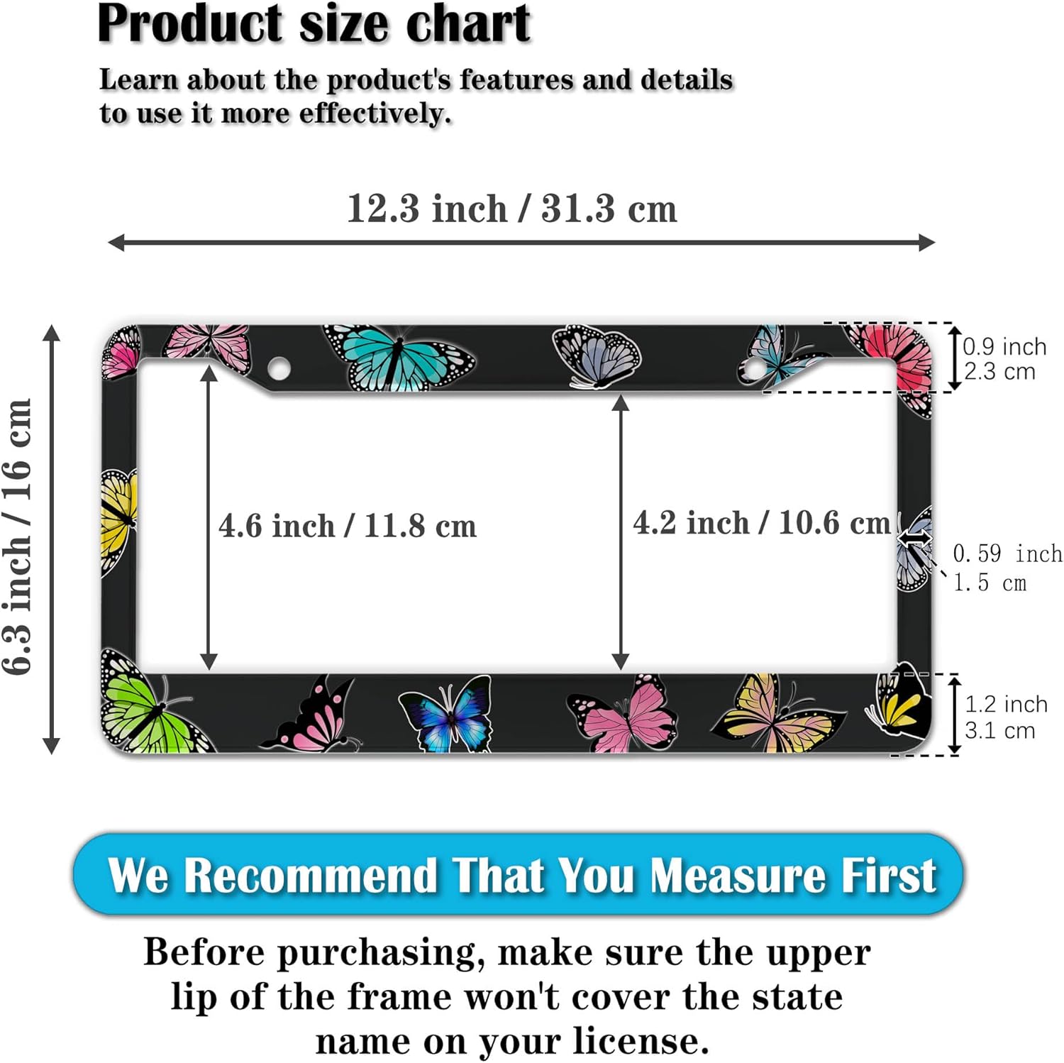 License Plate Frames for Women Multicolor License Plate Frame Holder for Men Butterfly Aluminum Metal Car Accessory 2 Pack with Screw Covers Set