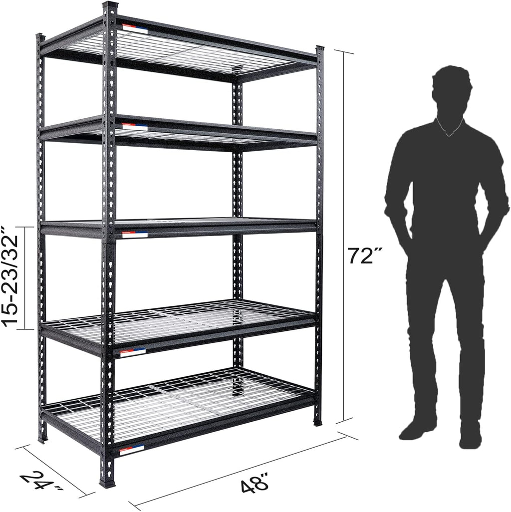 WORKPRO 5-Tier Metal Storage Shelving Unit, 48”W x 24”D x 72”H, Adjustable Storage Rack Heavy Duty Shelf, 4000 lbs Load Capacity (Total), for Garage, Kitchen, Bathroom, Warehouse, Black/Sliver