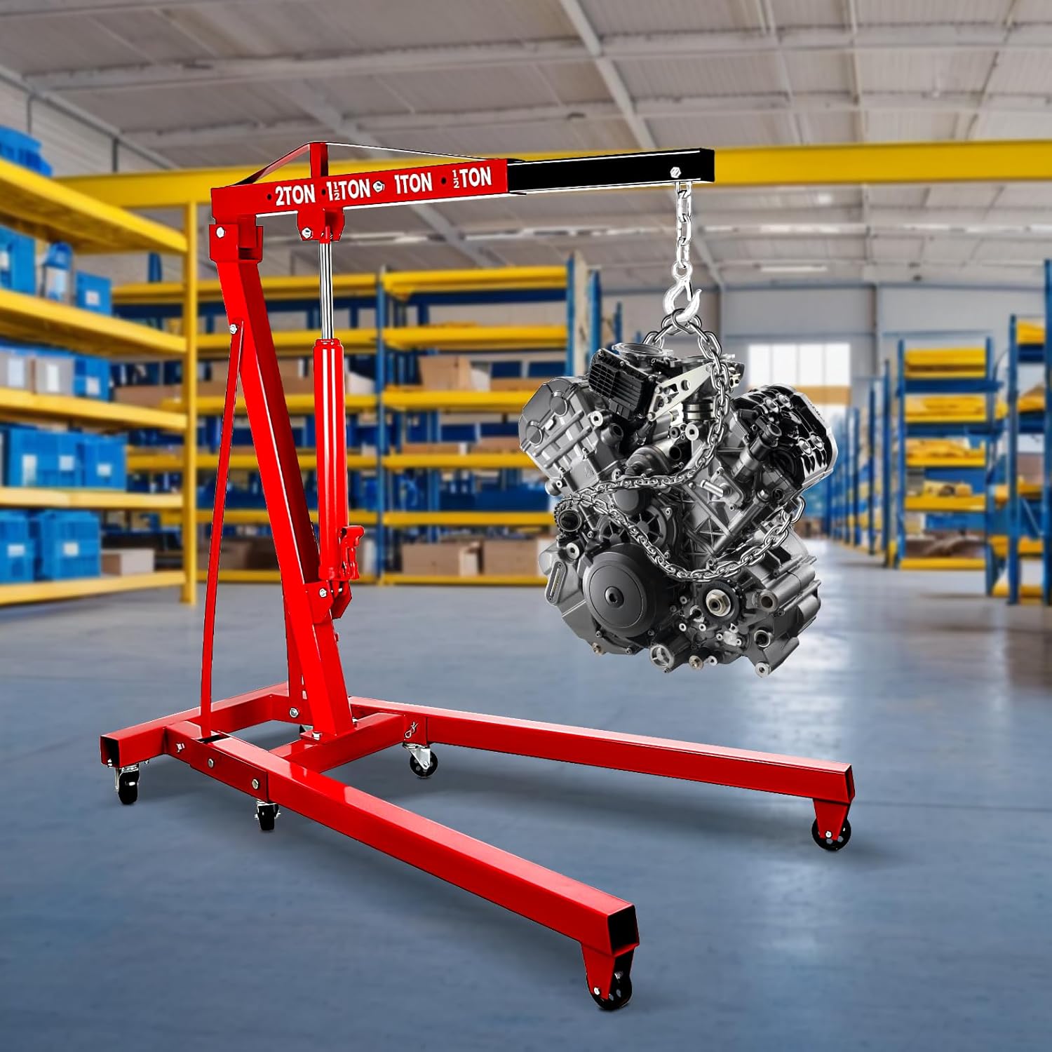 Engine Hoist 2 Ton Folding Cherry Picker Engine Hoist, Heavy Duty Alloy Steel Hydraulic Engine Stand with 8 Ton Hydraulic Pump, Engine Lift for Workshops, Warehouses, Red (Engine Hoist)