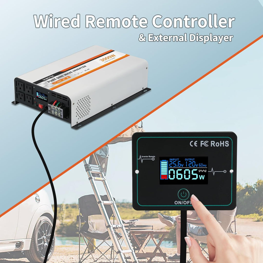 3000 Watt Pure Sine Wave Inverter 24V DC to 120V AC Converter for Truck Boat Camping Outdoor Solar System, 3000W Power Inverter with LCD Display, Remote Controller, USB Port, 4 AC Outlets