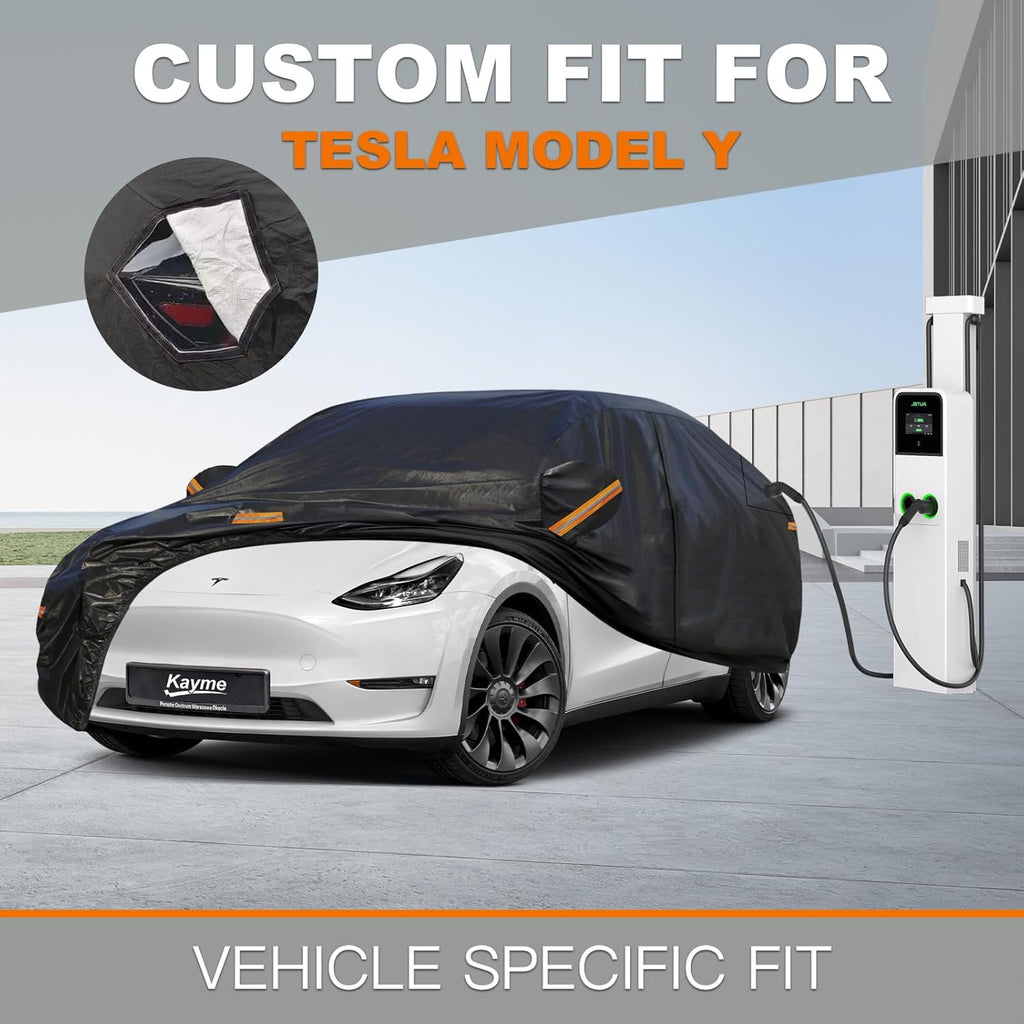 Kayme 7 Layers Car Cover Custom Fit for Tesla Model Y, Waterproof All Weather for Automobiles, Outdoor Full Car Cover Sun Rain UV Snow Protection.Black