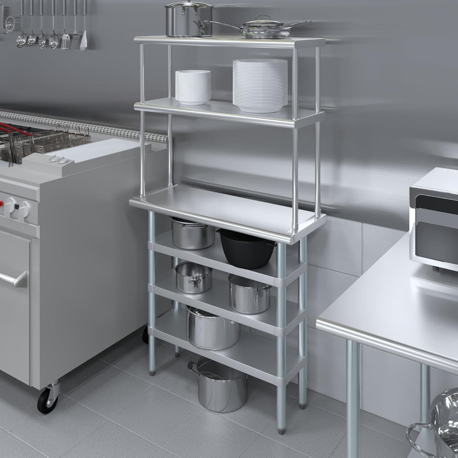 Amgood 14" x 36" Stainless Steel Work Table with 3 Shelves and 12" Wide Double Tier Overshelf | Metal Kitchen Prep Table & Shelving Combo | NSF