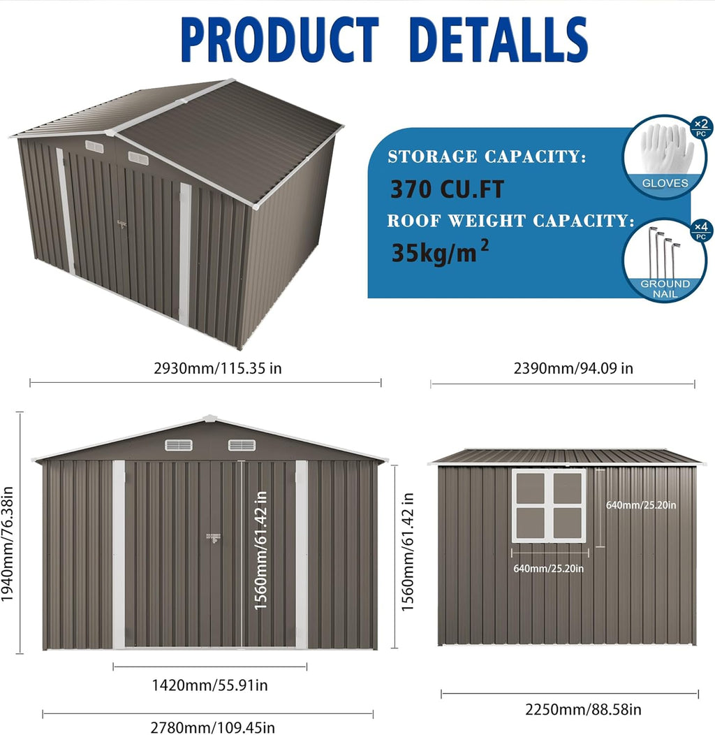 10x8 FT Outdoor Storage Shed,Metal Shed W/Window,Garden Storage Shed W/Lockable Door,All Weather Waterproof Tool House W/ 4 Air Vents & Sloped Roof,for Backyard,Patio,Lawn,Gray
