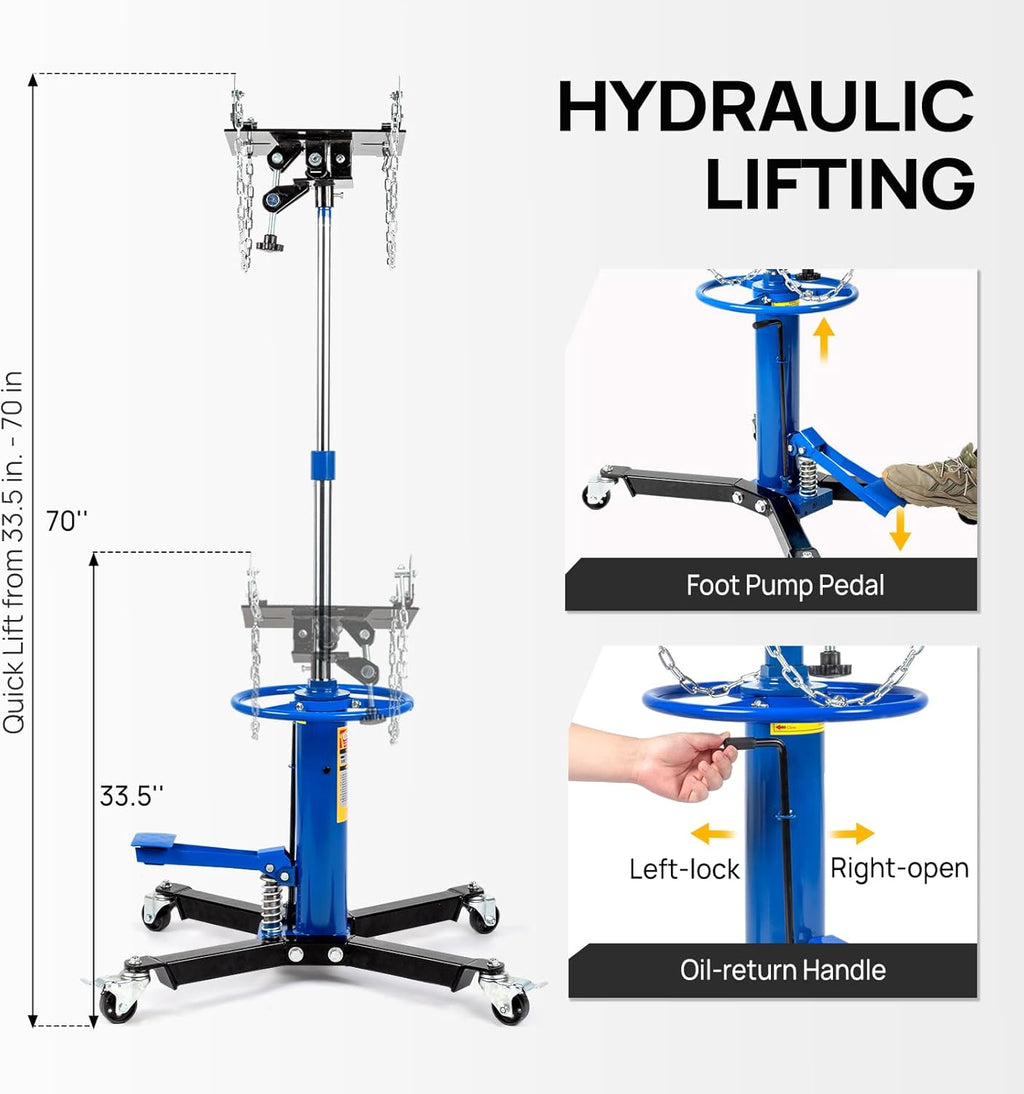TUFFIOM Transmission Jack, 1100 lbs 1/2Ton Hydraulic 2-Stage High Lift Vertical Telescoping Floor Jack Stand, 34" to 68" Lifting Range, w/Pedal, 360° Swivel Wheels, Garage/Shop Lift Hoist, Blue