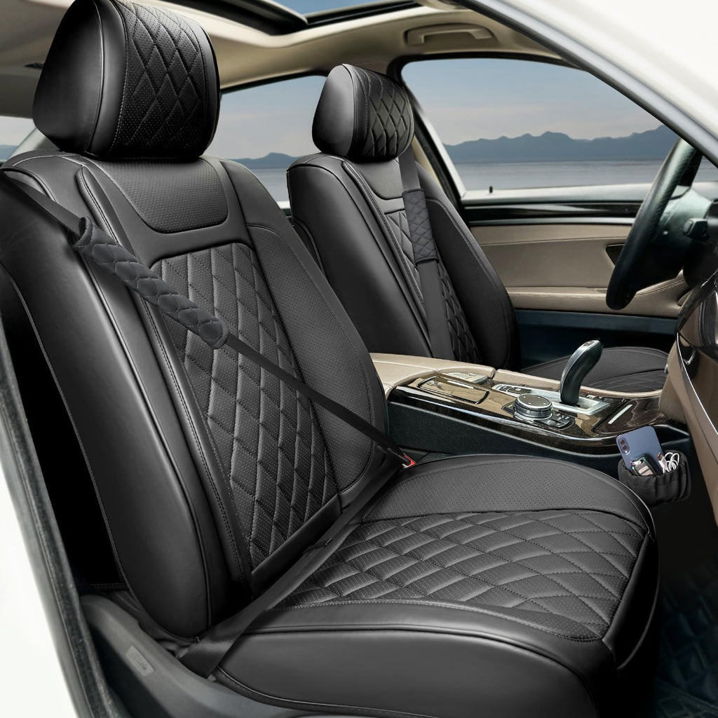 2 Pack Leather Front Car Seat Covers,Universal Breathable Full Surround Leather Car Seat Cover Protector,Split Waterproof Luxury Auto Black Seat Cover Cushion for Sedan Cars Pick-up Trucks SUV